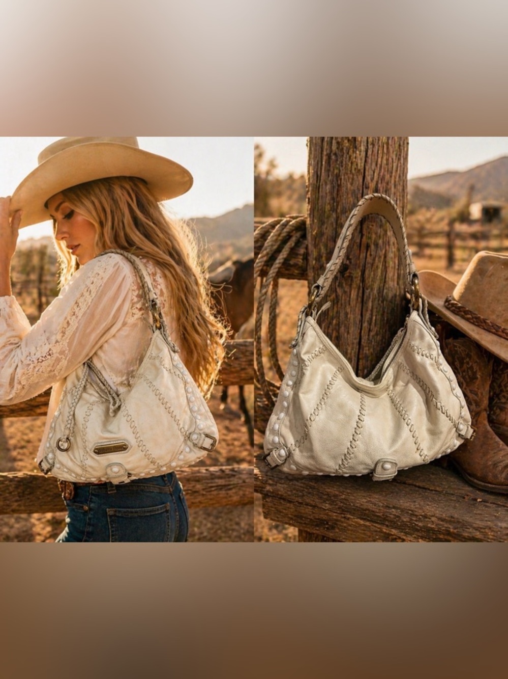 Isabella fiore Boho-Stitch Cream Leather Hobo Bag